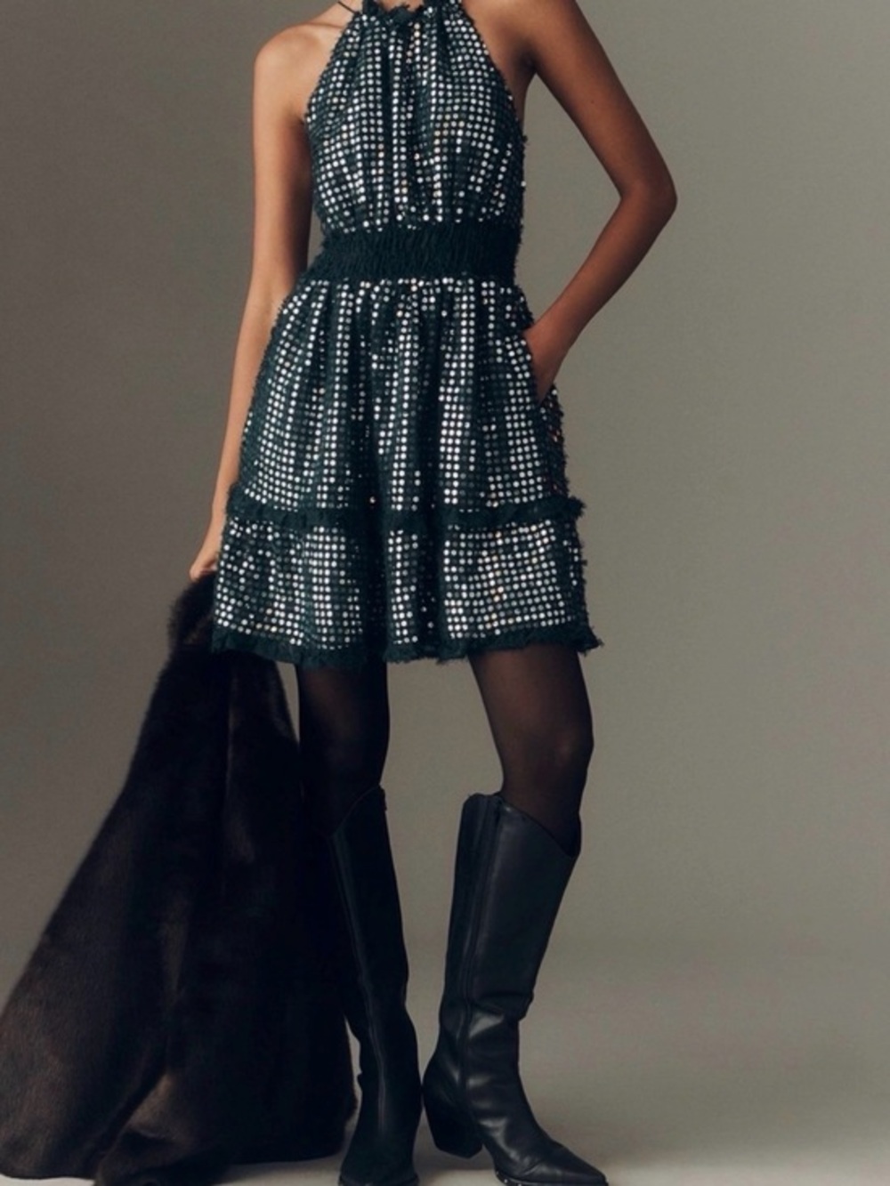 Anthropologie Green & Silver Sequin Halter Tiered Ruffle Mini-Dress Size S